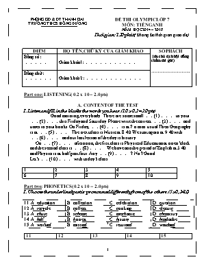 Đề thi Olympic môn Tiếng Anh Lớp 7 - Năm học 2014-2015 - Trường THCS Hồng Dương (Có đáp án)